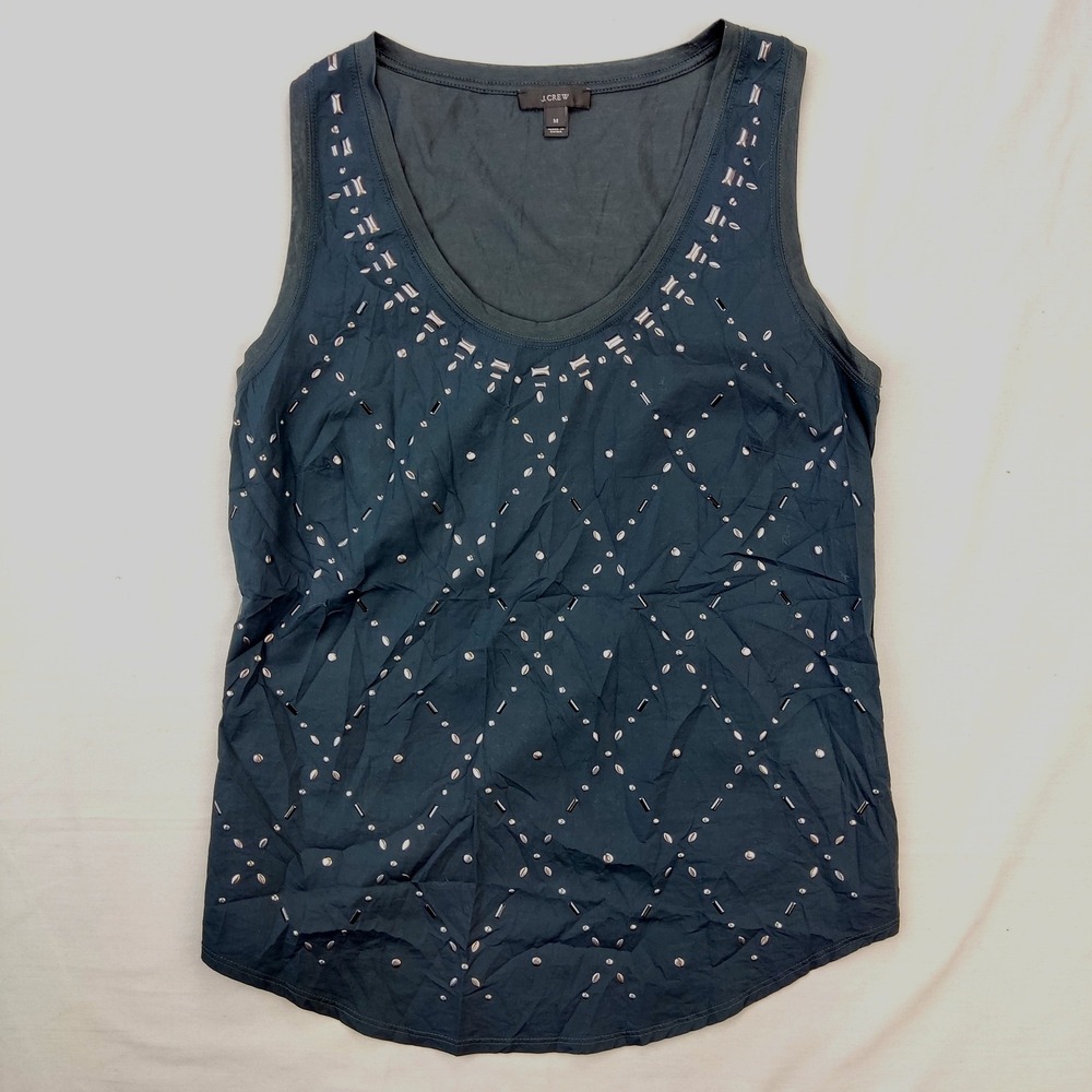 J.Crew Tank Top Women Medium Gray/Black Embellished Studded Cotton Scoop Neck